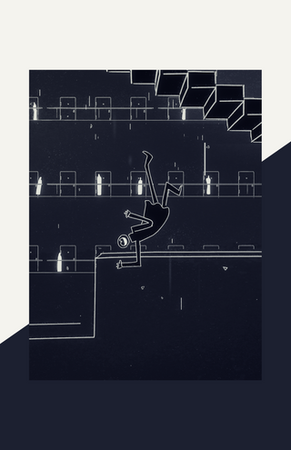 black and white still from Genesis Noir Game. A line art figure is falling through space in front of a series of doors