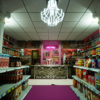 A computer-generated image of a convenience store with a chandalier