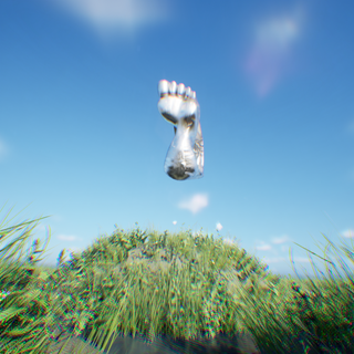 A floating white foot over a field