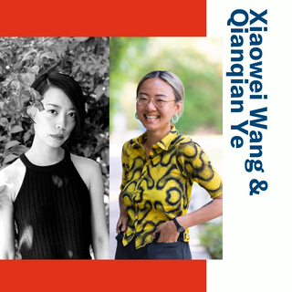 Left - Qianqian, a non-binary Chinese person with black short hair, wearing a black tank top, standing next to an apple tree, with a lush garden in the background. Right - Xiaowei Wang, standing with arm on hip and a brightly patterned shirt