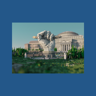 a statue of a fist holding a pencil in front of a libary amidst a green park. The entire image is made in minecraft