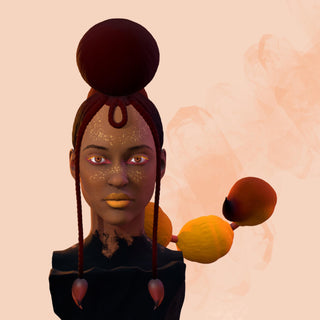 A person of African ancestry with a top braid and fruit in the background