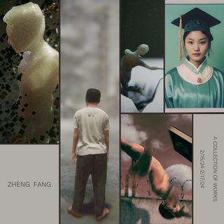 a collection of works by Zheng Fang: a man with sandals standing, a body being thrown in the air, an AI generated image of a college student, and an amorphous body in snow